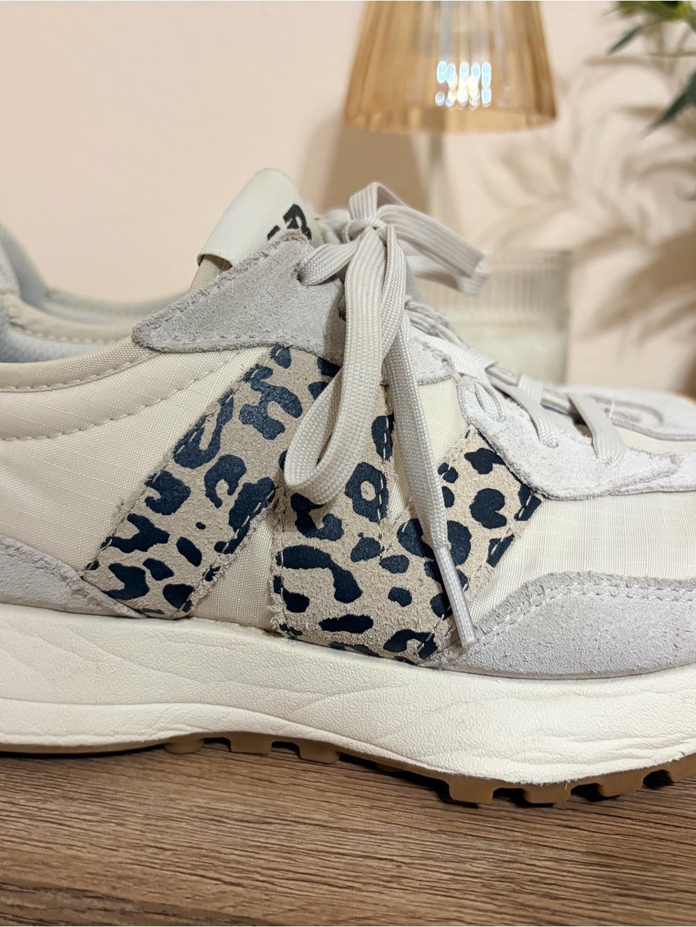 New Balance Cream and Navy Leopard-Accent Women's Sneaker